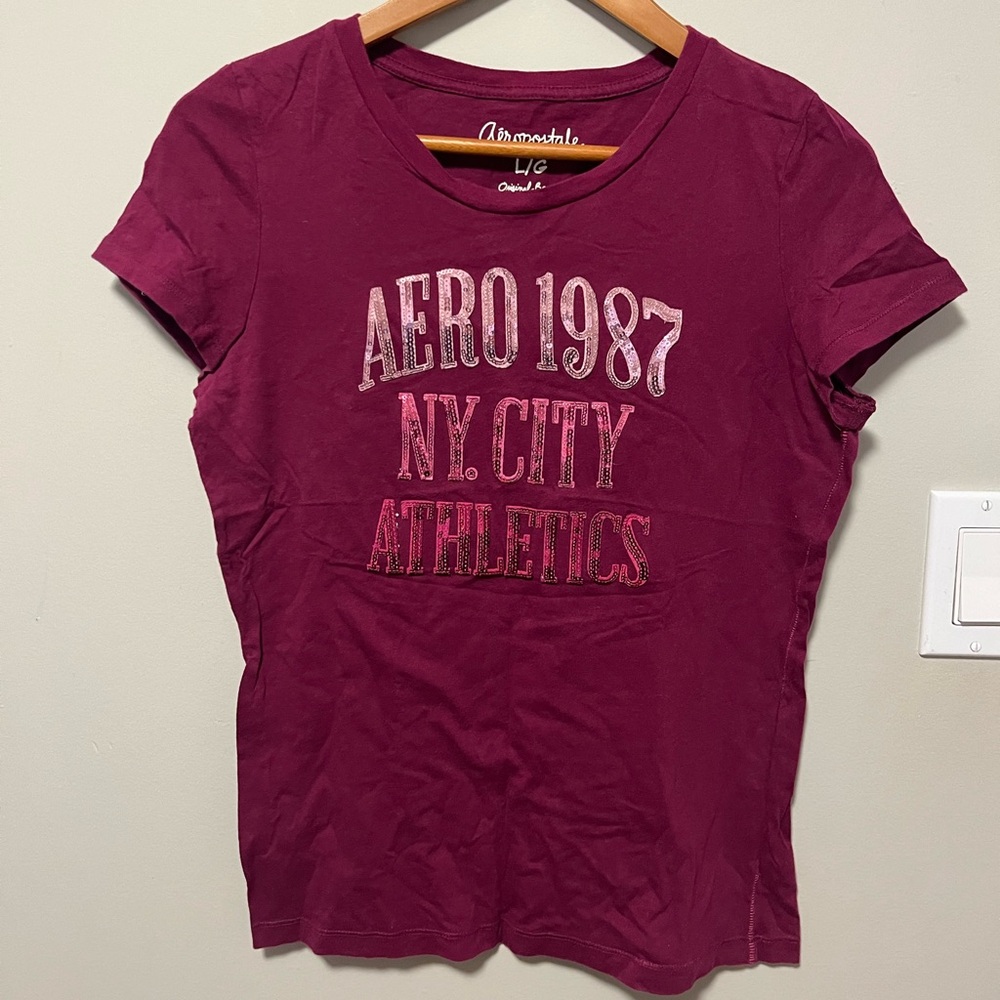 🌟 Vintage Aeropostale Sequins Berry Pink Stretchy T-shirt size L